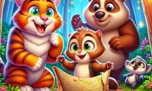A cat named Whiskers, with sparkling eyes and orange and white striped fur, stands at the center of the scene, showing excitement and curiosity. He holds an old map in his paws, unfolding it enthusiastically. Next to him, Benny the big brown bear, with soft fur and round cheeks, smiles joyfully, while Lola the little gray lemur with big round eyes jumps around them, laughing happily. The setting is an enchanted forest, with tall trees and bright green leaves, shimmering fireflies lighting the path, and a gently murmuring stream nearby. The scene exudes a magical and joyful atmosphere, filled with vibrant colors and fun details. The animals are preparing to cross a wooden bridge made of planks, laughing and sharing jokes, illustrating their friendship and adventurous spirit.