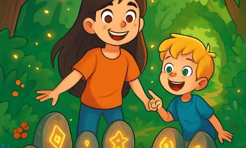 A 12-year-old girl named Lily, with long brown hair and sparkling curious eyes, stands at the center of the scene. She has a broad smile, her cheeks slightly flushed with excitement, as she looks at a circle of mysterious stones engraved with shimmering symbols. Next to her, her 9-year-old brother Ben, with messy blonde hair and eyes shining with wonder, points at a star-shaped stone, his face lit up by the magic of the moment. The setting is an enchanted forest, where sunlight filters through green leaves, creating bright patterns on the moss-covered ground and colorful flowers. Fireflies dance around them, adding a touch of magic to the atmosphere. The main situation shows Lily and Ben discovering a secret path opening before them, surrounded by lush foliage, as they prepare to enter a world of adventure and mystery.