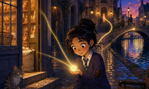 Mira, a young witch with a curious face and wide eyes, kneels by a bench holding a moonlike glowing button; a grey tabby stray with mischievous yellow eyes watches from the bakery steps to the left, the bakery casting warm golden light through an ajar glass door, wet cobbles reflecting lamplight, and a distant small bridge over a canal whose water mirrors a different, shimmering sky; translucent threads of light radiate from the button toward the library door, the alley behind the bakery, and the canal bridge, creating a mysterious, promising atmosphere.