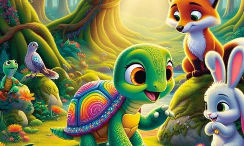 Una tartaruga colorata di nome Tilly, con un bel guscio dai vivaci toni dell'arcobaleno, si trova al centro della scena, mostrando un'espressione di curiosità e determinazione. Accanto a lei, un piccolo coniglio dalle grandi orecchie, con un pelo bianco e morbido, guarda con entusiasmo, pronto ad aiutarla nella sua ricerca. Un usignolo dalle piume brillanti e una volpe astuta, con un pelo arancione vivido, si tengono un po' indietro, osservando la tartaruga con ammirazione. Lo scenario è una foresta incantata, illuminata da una luce dorata, con alberi maestosi dalle foglie verdi e fiori colorati che punteggiano il terreno. In lontananza, una grande roccia coperta di muschio si erge, aggiungendo un tocco di mistero all'ambiente. La situazione principale mostra Tilly intenta a cercare entusiasta intorno alla roccia, alla ricerca dell'anello blu perduto della sua amica lucertola, mentre i suoi amici la incoraggiano e la osservano con speranza.