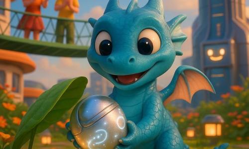 A small friendly childlike dragon with shiny blue scales, tiny translucent wings and big round eyes proudly holds a shimmering silver capsule the size of an apple; two smiling children in colorful clothes stand to the left on a green suspended rooftop walkway, applauding, while a tall, benevolent glass-and-metal data tower with a small lit face-like panel stands right rear, all in a lush rooftop garden of bright flowerbeds, soft grasses, solar lanterns and smooth rounded buildings under a clear blue sky—the dragon has just gently freed the glowing patterned capsule from beneath a large leaf, composition centered on the dragon and capsule, warm bright colors, soft textures and a slightly low-angle perspective.