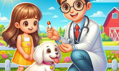 Un veterinar, doctorul Andrei, zâmbitor și binevoitor, poartă un halat alb și un stetoscop la gât. Are părul brun și ochelari rotunzi, fiind așezat lângă un câine cu blană albă, administrându-i o pastilă colorată. Lângă el, o fetiță de aproximativ 8 ani, cu părul lung și ondulat, îmbrăcată într-o rochie galbenă, observă cu curiozitate și zâmbește. În fundal, o fermă pitorească cu grajduri roșii, câmpuri verzi și flori colorate, sub un cer senin și soare strălucitor. Andrei ajută un cățel bolnav, arătându-le copiilor cum să aibă grijă de animale.