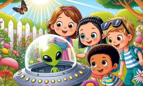 En un jardín soleado, cuatro niños se reúnen alrededor de una pequeña nave espacial brillante. Marta, una niña de 8 años con cabello castaño y gafas, mira la nave con ojos maravillados. A su lado, Pedro, un niño de 9 años con cabello rubio desordenado, señala la puerta de la nave que se abre. Lucía, una niña de 7 años con trenzas negras y un vestido colorido, sonríe levantando los brazos, llena de emoción. Finalmente, Tomás, un niño de 8 años con gafas de sol en la cabeza y una camiseta a rayas, se agacha para ver mejor dentro de la nave. El jardín está lleno de flores multicolores, grandes árboles verdes y rayos de sol que filtran a través de las hojas. Al fondo, se ve una cerca de madera y mariposas que vuelan alrededor de las flores. La situación principal muestra a los niños descubriendo la nave espacial, con la puerta abierta y un extraterrestre verde y sonriente que sale, listo para hacerse amigo. Los niños muestran expresiones de sorpresa y alegría, ilustrando su entusiasmo por este encuentro increíble.