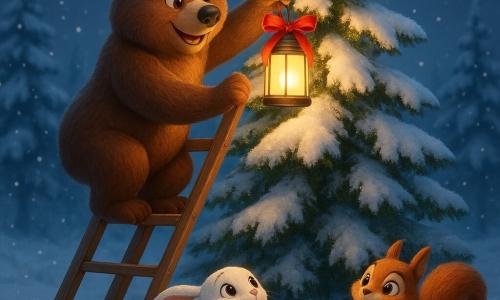 Um urso pardo chamado Bartolomeu, com uma pelagem espessa e olhos brilhantes de determinação, está no topo de uma grande escada encostada em um majestoso pinheiro nevado. Ele prende cuidadosamente uma lanterna mágica de LED, envolta em uma fita vermelha viva, no galho mais alto. Aos seus pés, a coelha travessa Branquinha, um pequeno coelho branco com longas orelhas e olhos curiosos, olha para cima com admiração, segurando um pacote de fitas coloridas. Ao lado dela, o esquilo travesso Rabanete, um esquilo ruivo com um rabo peludo, mastiga uma noz enquanto observa a cena com um sorriso malicioso. A cena se desenrola em uma clareira nevada da floresta, onde os flocos de neve caem suavemente, cobrindo o chão com um manto branco cintilante. A árvore, iluminada pela lanterna, brilha com uma luz suave e acolhedora, criando uma atmosfera mágica e festiva.