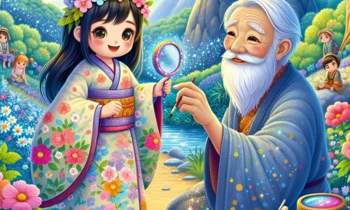 Aiko, a young Japanese girl with long, shiny black hair, wears a colorful kimono adorned with floral patterns. She has a wide smile, overflowing with curiosity and enthusiasm, as she holds a sparkling mirror in her hands. Beside her is an elderly man, around 70 years old, with a gray beard and wise, sparkling eyes. He sits on a rock, surrounded by homemade paint pots, admiring Aiko. A bit further away, a young woman in her thirties, dressed in a light dress, draws a large design on the ground with leaves and flowers, her face illuminated by inspiration. The scene takes place in an enchanted valley filled with colorful flowers and sparkling stones, under a blue sky dotted with fluffy clouds. Majestic trees line the path, and a gentle stream murmurs nearby, adding to the magical atmosphere. Aiko, with her mirror, helps the old man rekindle his dream of being a painter, while the young woman becomes inspired to rediscover her desire to travel. The air is filled with joy and creativity, symbolizing the power of dreams and friendship.