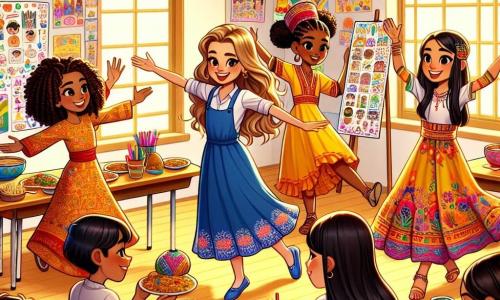 In un'aula colorata, quattro ragazze si tengono insieme, raggiante di gioia. **Giulia**: una ragazza di 12 anni, di origine italiana, con lunghi capelli castano chiaro e occhi brillanti, sorride tenendo un grande pannello decorato con disegni di diverse culture. **Sofia**: una ragazza di 12 anni, di origine spagnola, con capelli biondi ricci e pelle chiara, indossa un bel vestito colorato e tiene un piatto di paella, pronta a condividerlo con le amiche. **Amina**: una ragazza di 12 anni, di origine marocchina, con capelli neri e occhi marroni, indossa un elegante velo colorato e danza gioiosamente, mostrando movimenti graziosi della sua danza tradizionale. **Lin**: una ragazza di 12 anni, di origine cinese, con capelli neri lisci e pelle chiara, è china su un tavolo, scrivendo parole in calligrafia cinese con un pennello, circondata dalle sue amiche. L'aula è luminosa, decorata con elementi multiculturali, con poster colorati sui muri che rappresentano bandiere e simboli di tutto il mondo. Le ragazze celebrano la diversità, condividendo le loro tradizioni e storie, circondate da compagni di classe curiosi ed entusiasti, tutti uniti in uno spirito di rispetto e amicizia.