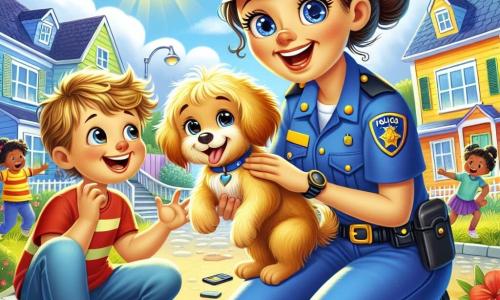 Eine Polizistin, Anna, ist eine lächelnde Frau in einer glänzenden blauen Uniform. Sie hat braune Haare zu einem Dutt gebunden und funkelnde Augen voller Entschlossenheit. Sie hockt und hält einen kleinen Hund mit goldenem Fell, der fröhlich mit dem Schwanz wedelt. Neben ihr steht ein 7-jähriger Junge namens Tim mit zerzausten blonden Haaren und einem roten T-Shirt. Er schaut Anna bewundernd an und zeigt mit dem Finger auf den kleinen Hund, den sie gerade gefunden haben. Die Szene spielt sich in einer belebten Straße eines Wohnviertels mit bunten Häusern und grünen Bäumen ab. Kinder spielen in der Ferne, und die Sonne scheint strahlend am klaren blauen Himmel. Die Hauptsituation zeigt Anna und Tim, die die Entdeckung des kleinen Hundes feiern, mit strahlenden Lächeln auf ihren Gesichtern, umgeben von einer fröhlichen und freundlichen Atmosphäre.