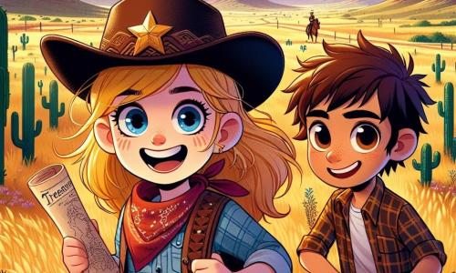 Clara, uma jovem cowgirl de 10 anos, tem cabelos dourados que brilham ao sol e usa um chapéu de cowboy decorado com uma estrela. Ela exibe um grande sorriso, cheia de determinação, enquanto segura um mapa do tesouro nas mãos, pronta para a aventura. Ao seu lado, Billy, seu melhor amigo de 10 anos, tem cabelos castanhos bagunçados e usa uma camisa xadrez. Ele olha para Clara com olhos arregalados de excitação, segurando um laço na mão. A cena se passa em uma vasta pradaria do Velho Oeste, com colinas ondulantes ao horizonte, cactos espalhados e um céu azul brilhante salpicado de nuvens brancas. Ao longe, vê-se as silhuetas das montanhas onde o tesouro está escondido. Clara e Billy estão diante da entrada de uma caverna escura, cercados por rochas, prontos para entrar no desconhecido, com um sentimento de aventura e coragem no ar.