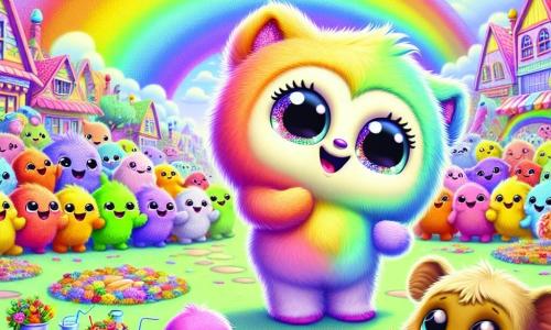Blinko, a small fluffy creature colorful like a rainbow, with bright eyes and a big smile, stands at the center of the scene with arms open, expressing joy and enthusiasm. Next to him, a small character with droopy ears, brown fur, and sad eyes admires Blinko while holding a colorful letter in his tiny hands. In the background, a group of cheerful creatures in vibrant colors bustle around tables filled with delicious food and blankets, laughing and sharing stories. The setting is a central square of Rainbow Village, surrounded by pastel-colored houses, bright flowers, and shimmering trees under a light blue sky dotted with fluffy clouds. The main scene shows Blinko encouraging his friends to share their resources and celebrate solidarity, creating a warm and festive atmosphere filled with laughter and color.