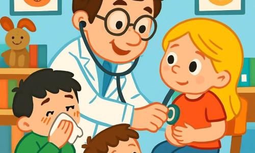 Un uomo, il dottor Luca, sorridente e caloroso, indossa un camice bianco. Ha i capelli castani in disordine e occhiali tondi che gli conferiscono un'aria amichevole. È chinato verso una bambina, Chiara, di circa 7 anni, con capelli biondi e occhi vivaci, che si tiene la pancia con un'espressione preoccupata ma fiduciosa, pronta ad ascoltare il dottore. Nella stanza c'è anche Tommaso, un bambino di 6 anni con capelli neri e lentiggini, che starnutisce delicatamente con un fazzoletto in mano. Leo, un altro bambino di 5 anni, è seduto per terra circondato da giocattoli a forma di dinosauri, ascoltando attentamente. Il luogo è uno studio medico colorato, con pareti blu cielo e disegni di animali sorridenti ovunque. Le mensole piene di libri e peluche aggiungono calore all'ambiente. La scena principale mostra il dottor Luca mentre visita Chiara con uno stetoscopio, parlandole gentilmente per rassicurarla, mentre gli altri bambini lo osservano con curiosità, creando un'atmosfera di amicizia e fiducia.