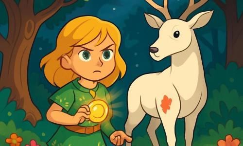 Lira, una joven de cabellos dorados y ojos brillantes de determinación, se encuentra al borde de un arroyo resplandeciente. Lleva una túnica verde adornada con motivos florales y sostiene un medallón luminoso en su mano, con un rostro que expresa tanto valentía como curiosidad. A su lado, un majestuoso ciervo blanco, con ojos sabios y una herida roja en el flanco, la observa con intensidad protectora. El lugar es un hermoso paisaje de bosque encantado, con árboles de troncos retorcidos y hojas de un verde brillante, mientras flores de colores bordean el arroyo. Rayos de luna filtran a través del follaje, creando una atmósfera mágica y misteriosa. La situación principal muestra a Lira lista para embarcarse en una aventura, decidida a encontrar la Espada de los Sueños, mientras el ciervo le indica el camino a seguir, subrayando la urgencia de su búsqueda.