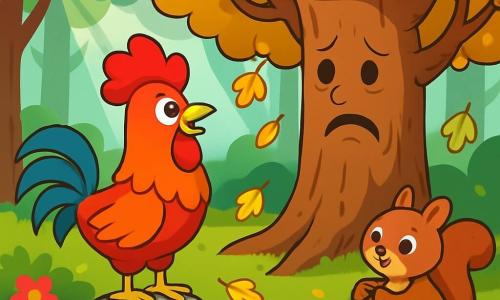 Un gallo dal piumaggio rosso vivo, con piume lucenti e occhi scintillanti di entusiasmo, si erge fiero su una pietra nel mezzo di una foresta incantata. Osserva intorno a sé con un'espressione determinata, pronto ad aiutare il vecchio quercia. Vicino, un vecchio quercia con un tronco largo e nodoso, con foglie dorate e rami estesi, sembra triste, con le foglie che cadono dolcemente a terra. Nell'erba, un piccolo scoiattolo curioso, con occhi rotondi e pelliccia marrone, osserva il gallo con interesse, tenendo una nocciola tra le zampe. La scena si svolge in un radura illuminata, circondata da alberi maestosi e fiori colorati, dove i raggi di sole filtrano attraverso il fogliame. Il gallo si prepara a parlare al vecchio quercia, determinato a ridargli il sorriso e portare gioia in questa foresta magica.