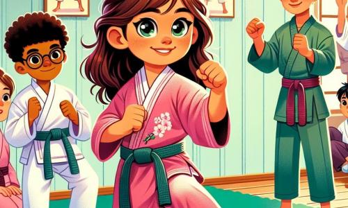 Na środku obrazu Ania, 10-letnia dziewczynka z długimi brązowymi włosami i błyszczącymi oczami, w różowym kimonie przygotowuje się do kopnięcia karate. Po jej prawej stronie Tomek, 11-letni chłopiec z rozczochranymi blond włosami i pewnym uśmiechem, jest w pozycji obronnej, gotowy do wsparcia. Po lewej stronie Kasia, 10-letnia dziewczynka z kasztanowymi włosami i okularami, z podziwem trzyma małą flagę, aby wspierać przyjaciół. W tle Kuba, 10-letni chłopiec z czarnymi włosami i niebieską czapką, unosi ręce w geście zwycięstwa. Sceneria rozgrywa się w jasnej sali dojo, z zielonymi tatami na podłodze i ścianami ozdobionymi zdjęciami mistrzów karate. Widzowie siedzą na drewnianych ławkach, klaskając i kibicując młodym karatekom. Główna sytuacja pokazuje Anię wykonującą spektakularne kopnięcie, podczas gdy Tomek jest gotów jej pomóc, a Kasia i Kuba entuzjastycznie ich wspierają. Atmosfera jest pełna energii i koleżeństwa, ilustrując ducha drużyny i wzajemne wsparcie w sporcie.