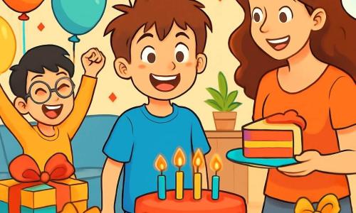 Un ragazzo di 12 anni, con i capelli castani in disordine e occhi brillanti di gioia, si trova al centro di una stanza decorata per il suo compleanno. Indossa una maglietta blu vivace e pantaloni corti gialli, e il suo viso irradia eccitazione e felicità. Accanto a lui, sua madre, una donna di circa trent'anni con capelli lunghi e ricci, sorride calorosamente mentre tiene una grande fetta di torta colorata. Un amico, un ragazzo di 12 anni con occhiali rotondi e capelli neri, ride con le braccia alzate in segno di celebrazione, proprio accanto a un tavolo pieno di palloncini e regali. La scena si svolge in un soggiorno luminoso, pieno di palloncini colorati che fluttuano sul soffitto e festoni scintillanti appesi alle pareti. Un grande tavolo è coperto da una tovaglia a motivi gioiosi, decorato con una magnifica torta di compleanno con candele. Il ragazzo sta per soffiare le candele, circondato dai suoi amici e dalla sua famiglia, tutti impazienti e sorridenti, creando un'atmosfera festosa e calorosa.