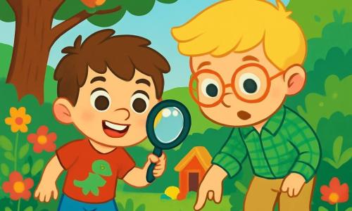 Hay 2 personajes principales: Mateo, un niño de 5 años con cabello castaño desordenado y ojos brillantes. Lleva una camiseta roja con un dibujo de dinosaurio y un pantalón corto azul. Está a la izquierda, sosteniendo una pequeña lupa con una gran sonrisa. Lucas, un niño de 5 años con cabello rubio y gafas redondas, viste una camisa de cuadros verde y un pantalón beige. Está a la derecha, señalando una marca en el suelo con una expresión concentrada. La escena transcurre en un jardín soleado, lleno de flores coloridas y un gran árbol con un follaje verde exuberante. Al fondo, se ve una pequeña cabaña de madera con un techo rojo, rodeada de arbustos y juguetes esparcidos. El cielo es azul con algunas nubes blancas esponjosas. La situación principal muestra a Mateo y Lucas en plena investigación, buscando pistas para encontrar un cometa rojo que se ha volado. Examina cuidadosamente el suelo, donde hay huellas y una pluma amarilla, mientras un pequeño pájaro curioso los observa desde una rama.