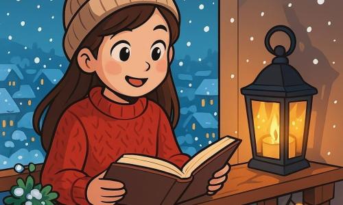 Una bambina di nome Marta, con lunghi capelli castani e guance rosate, è seduta su un balcone di legno, circondata da fiocchi di neve che cadono dolcemente. Indossa un grosso maglione rosso lavorato a mano e un berretto di lana, il suo viso emana curiosità e gioia. Accanto a lei, una lanterna in ferro battuto, con una luce calda e scintillante, sembra vibrare di eccitazione, proiettando ombre danzanti sul muro. Il balcone è decorato con ghirlande luminose e piccoli vasi di fiori ghiacciati, mentre sotto, la città è coperta da un manto bianco, con tetti scintillanti e lampioni illuminati che creano un'atmosfera magica. Marta legge un libro aperto, i suoi occhi brillano di immaginazione, mentre la lanterna accanto a lei brilla intensamente, come se ascoltasse attentamente la storia di un inverno dolce e amichevole.