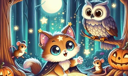Un gattino di luna, con un pelo scintillante come stelle e orecchie a forma di stella, mostra grande curiosità mentre tiene un libro magico aperto davanti a sé, i suoi occhi brillano di meraviglia. Accanto a lui, un gufo saggio, con piume grigie e occhiali rotondi, osserva attentamente la scena, serio, posato su un ramo. Un piccolo topo, con pelo marrone e occhi vivaci, è vicino, sorridente e gesticolante, pronto a partecipare all'avventura. La scena è ambientata in una foresta incantata, con alberi alti e maestosi, foglie dorate sotto la luna e lanterne a forma di zucca che illuminano il terreno coperto di foglie colorate. Il gattino scopre un antico libro di incantesimi che ha liberato creature magiche nella foresta, creando un'atmosfera festosa e misteriosa mentre gli animali si riuniscono per festeggiare Halloween insieme.
