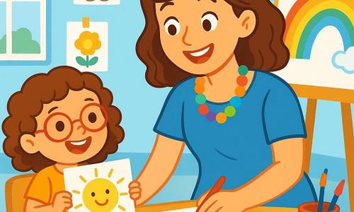La maestra Sofia, una donna sorridente di circa trent'anni, indossa una grande collana colorata e un vestito blu. I suoi occhi brillano di gioia mentre aiuta un bambino a disegnare. Lia, una bambina di 6 anni con capelli ricci e occhiali tondi, mostra orgogliosamente il suo disegno di un sole giallo. È seduta accanto a Sofia, con un grande sorriso sul volto. L'aula è luminosa e accogliente, con pareti dipinte di blu chiaro e disegni di bambini appesi ovunque. Al centro, un grande tavolo è coperto di pastelli, fogli bianchi e barattoli di vernice. La scena principale mostra Sofia che incoraggia i bambini a disegnare insieme, creando un arcobaleno di colori sulla lavagna. I bambini ridono e si divertono, riempiendo la stanza di felicità e creatività.