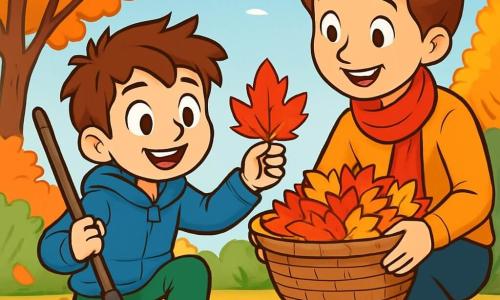 Un niño de 10 años, llamado Martín, con el cabello castaño despeinado y ojos brillantes de curiosidad, está recogiendo hojas de otoño en un jardín. Lleva una chaqueta azul con capucha y una sonrisa maravillada en el rostro, mientras sostiene un rastrillo en una mano y una hermosa hoja roja en la otra. Su madre, una mujer de unos 35 años con el cabello castaño recogido en un moño y una sonrisa cálida, lo ayuda a reunir las hojas. Ella está agachada a su lado, sosteniendo una gran cesta llena de hojas coloridas. El jardín es un cuadro vivo de otoño, con árboles de hojas brillantes, un cielo azul claro y una alfombra de hojas doradas que crujen bajo sus pies. La escena principal muestra a Martín y su madre en plena actividad, riendo y compartiendo un momento alegre, rodeados de la belleza de los colores otoñales, mientras preparan el jardín para el invierno.