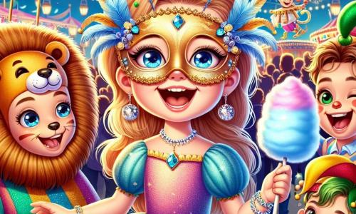 Una bambina di 6 anni, Anna, è al centro dell'immagine, radiosa di gioia con occhi scintillanti e un grande sorriso. Indossa una bellissima maschera dorata adornata con piume blu e piccole stelle argentate, e il suo vestito colorato è decorato con paillettes scintillanti. Accanto a lei, un ragazzo di 7 anni, vestito da leone con una grande criniera dorata, ride felicemente tenendo una palla di zucchero filato. Più lontano, un giullare di circa 30 anni, con un cappello a sonagli e un costume multicolore, fa smorfie e gioca con palle colorate, attirando l'attenzione dei bambini. Lo scenario è quello di un parco trasformato per il carnevale, pieno di luci scintillanti, stand colorati che vendono dolci e decorazioni festose che fluttuano nell'aria. Palloncini a forma di animali e ghirlande di fiori aggiungono un tocco di magia all'ambiente. La scena principale mostra Anna e i suoi nuovi amici, tutti riuniti attorno a un grande carro decorato come un castello incantato, ridendo e divertendosi insieme, pronti a vivere un'avventura magica nel cuore del carnevale.
