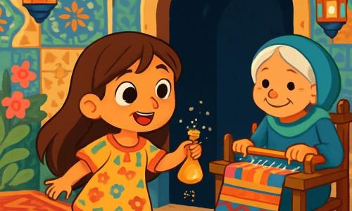Mira, a young girl with long brown hair and sparkling curious eyes, stands in front of a dark door, her face illuminated by wonder and determination. She wears a light tunic adorned with colorful patterns and holds a small pouch of sand that sparkles in the light. Next to her, an elderly weaver with silver hair and skilled hands sits at a loom, creating carpets with shimmering designs. She smiles gently, watching Mira kindly. The setting is a magical courtyard filled with colorful carpets spread across the ground, surrounded by walls decorated with bright mosaics. Colorful glass lanterns hang, casting dancing shadows on the floor. The main scene shows Mira, full of courage, ready to open the door of shadows, while the scent of flowers and spices wafts through the air, creating an atmosphere of mystery and magic.