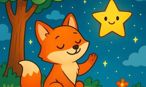 Un pequeño zorro de pelaje naranja brillante, con grandes ojos brillantes y una sonrisa serena, está sentado bajo un majestuoso árbol, con las patas levantadas hacia el cielo estrellado, expresando una profunda tranquilidad. A su lado, una dulce estrella centelleante, con un rostro amigable y ojos chispeantes, brilla intensamente, como si escuchara los pensamientos del zorro. El fondo muestra un cielo nocturno lleno de nubes esponjosas y muchas estrellas, mientras que una alfombra de flores coloridas y suave hierba verde rodea al zorro. En esta escena pacífica, el zorro respira profundamente, preparándose para sumergirse en un sueño dulce y apacible, mientras las estrellas y las nubes bailan lentamente a su alrededor.