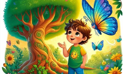 Um garoto de 6 anos, chamado Tomás, está em pé sob uma grande árvore majestosa com folhas verdes brilhantes, seus olhos brilhando de curiosidade. Ele tem cabelos castanhos bagunçados, um sorriso alegre e usa uma camiseta amarela com um desenho de sol e um short azul. Ao seu lado, uma borboleta colorida, com asas cintilantes de azul e laranja, voa ao seu redor, simbolizando a magia da amizade. O cenário é um jardim luxuriante, cheio de flores coloridas, borboletas e uma luz dourada filtrando pelas folhas da árvore. Tomás escuta atentamente a sabedoria da árvore, com um olhar maravilhado, enquanto a borboleta voa ao redor, criando uma atmosfera de descoberta e magia.