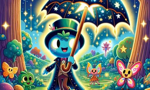 Un ombrello magico chiamato Ombro, con un manico di legno lucido e un tessuto blu stellato, si erge coraggiosamente al centro di una radura incantata, le stecche aperte, emettendo una luce scintillante. Esprime una determinazione audace, pronto a difendere i suoi amici. Accanto a lui, un piccolo folletto con ali di farfalla, capelli verdi e occhi scintillanti di malizia, danza gioiosamente, lanciando scintille colorate nell'aria. Un altro folletto, con capelli rosa e un cappello da festa, guarda Ombro con ammirazione, le braccia alzate in segno di incoraggiamento. Il luogo è un regno fatato, pieno di alberi a forma di matite giganti, fiori cantanti e un cielo splendente di colori vivaci, dove le stelle brillano come lanterne. La situazione principale mostra Ombro affrontare un'ombra minacciosa all'orizzonte, mentre i folletti, uniti dall'amicizia, lanciano idee luminose per respingere l'oscurità, creando un'atmosfera di magia e coraggio.