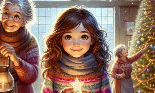 O fetiță de 12 ani, pe nume Ana, stă în centrul imaginii, având ochi mari strălucitori de curiozitate și un zâmbet radiant. Are părul castaniu ondulat, poartă un pulover colorat și o eșarfă din lână, ținând în mâini o piatră în formă de stea, privind cu uimire. Lângă ea, bunica ei, o femeie în vârstă de 70 de ani cu părul gri prins și ochelari rotunzi, zâmbește blând ținând un ulcior vechi, pregătită să verse apă pe piatră. Mama ei, o femeie de aproximativ 40 de ani cu părul șaten și un zâmbet cald, se află în fundal, decorând bradul de Crăciun cu ghirlande strălucitoare. Scena are loc într-o fermă din lemn, decorată cu ghirlande luminoase, având un brad de Crăciun mare și iluminat în interior, iar fulgii de zăpadă cad ușor afară, creând o atmosferă festivă și magică. Ana și familia ei se pregătesc să celebreze Anul Nou, înconjurați de râsete și bucurie, pregătindu-se să activeze magia pietrei prin turnarea apei, simbolizând începutul unui nou an plin de aventuri.