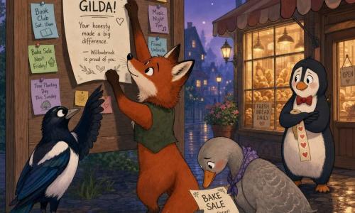 A small red fox (main character) with bright eyes and fine whiskers, calm determined expression, standing on tiptoe and delicately hanging a large glossy white poster on the village wooden noticeboard; a black-and-white magpie (Mina) perched nearby with shiny plumage, mischievous but attentive, wing raised as if supervising; a pale grey goose (Gilda) with soft plumage, contrite but relieved, crouched near the fox with wings slightly folded, looking at the poster she carefully removed; a white-bellied penguin with a red bow tie (Pip) in the background, shy posture with flippers crossed, holding a roll of labels and smiling nervously; setting: blond wooden noticeboard covered with colorful notes in front of a bakery with fogged windows, golden breads in the display, warm lamps and a wet cobbled sidewalk; moment: a quiet dusk repair as they replace an official stamped poster, orderly atmosphere, visible details include a red thumbtack and a dried syrup stain on one corner.
