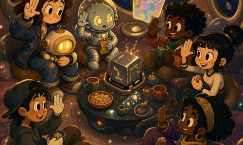 Mila, a 12-year-old girl with an expressive gentle face, wide bright eyes, a shy but brave smile, chestnut bob, worn blue jacket and jeans, offers a galactic salute (three fingers closed, thumb and little finger extended) while holding a small round lamp-robot; Tirri, a small round alien guest in a pleated silver suit with a transparent bubble helmet and glowing amber eyes, mirrors Mila’s salute and holds a small compressed-grain packet on the table; Kiko, a matte metallic luminous cube with dented edges and light lines, rests in a cradle at the center, blinking softly and emitting tiny soothing sparks; Nib, the ship’s assistant, is a floating panel with iridescent oil-like patterns and shifting colors casting warm light; the setting is the Ship-Seed interior, a round shell room with animated starry walls, smooth rubbery textured floor, low pebble-shaped seats and a dark low table with hi-tech items and a snack box; atmosphere: a cozy, intimate, friendly small party of humans and aliens sharing snacks, laughing quietly and exchanging the galactic salute.