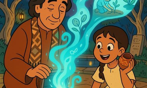Main man: Arman, middle-aged, calm face and gentle eyes, wearing a rust-colored wool robe and geometric scarf, delicately opens a small carved wooden chest emitting a milky blue light; secondary girl: Mina, about eight, braided brown hair, wonderstruck smile, dusty cream travel dress, holding a decorated clay cup to her ear and leaning left toward the light; setting: a secret garden of silvery twisted olive trunks, warm stone paving, a mirror pool reflecting hanging lanterns and stone tablets with shifting letters; scene: a magical twilight moment as translucent blue light rises in spirals forming floating images (river, child planting a tree, seeds), warm palette of ochre, rust and cream with cyan highlights, composition centered on the glowing chest and Arman’s and Mina’s faces.