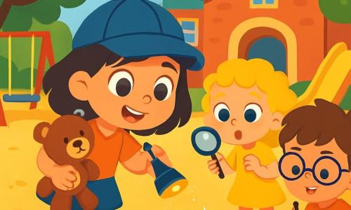 A 4-year-old girl named Lila, with big brown eyes sparkling with curiosity and a bright smile, wears a blue detective hat that gives her a mischievous look. She holds a flashlight in one hand and a teddy bear named Mr. Snuffles in the other, excitedly looking at the sparkling traces on the ground. Next to her, Emma, another 4-year-old girl with curly blonde hair, holds a small magnifying glass and carefully observes the footprints, her eyes wide with surprise. Max, a 4-year-old boy with round glasses and messy brown hair, takes notes in a small notebook, focused and serious. The scene takes place in a schoolyard, where the ground is covered with golden sand and surrounded by tall trees with shiny green leaves, under a light blue sky dotted with fluffy white clouds. The children are surrounded by colorful playground equipment, like a red swing and a yellow slide. The main situation shows Lila and her friends discovering a mysterious trail of glitter leading them toward the school entrance, their faces lit up with the excitement of the adventure ahead.