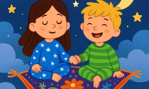 There are 2 main characters: Mia, a 7-year-old girl with long brown hair, wearing a blue pajama with white stars, sitting on a magic carpet with her eyes closed, taking deep breaths; and Jack, a 6-year-old boy with messy blonde hair, wearing green striped pajamas, sitting next to Mia, holding her hand with a big smile, also breathing calmly. The scene takes place in a starry night sky filled with soft, fluffy clouds. The stars shine like diamonds, and the moon casts a gentle, soothing light on the scene. The magic carpet they are sitting on is adorned with colorful patterns, featuring flowers and sparkling dream motifs. The main situation shows Mia and Jack peacefully floating on their magic carpet, breathing together, surrounded by the beauty of the night sky, preparing to fall asleep, rocked by a gentle night melody, with dancing stars around them.