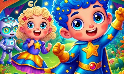 Un giovane ragazzo, Turbo Fulmine, con capelli blu vivace e occhi brillanti di eccitazione, si trova al centro dell'immagine. Indossa un costume da supereroe luminoso, decorato con stelle dorate, e sfoggia un grande sorriso determinato. Accanto a lui, la sua migliore amica Stella Salterina, una ragazza dai capelli biondi ricci e dagli occhi verdi scintillanti, salta gioiosamente con le braccia alzate verso il cielo. Lo sfondo è un giardino magico, pieno di alberi dai tronchi colorati e fiori vivaci che sembrano danzare al ritmo del vento. In lontananza, un piccolo robot dagli occhi lampeggianti si nasconde dietro un cespuglio, osservando i due amici con un'espressione preoccupata. La scena principale mostra Turbo Fulmine e Stella pronti per un'avventura, mentre il robot sussurra loro un messaggio segreto su un piano malefico, creando un'atmosfera di mistero ed eccitazione.