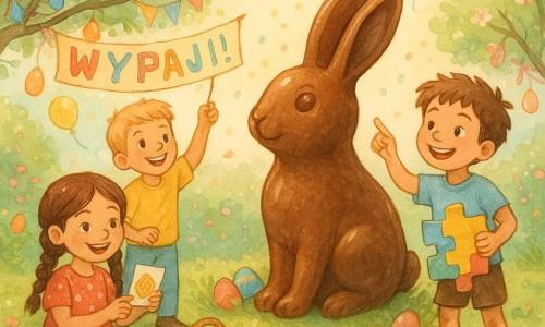Ośmioletni Hardy, promienny i dumny, z potarganymi brązowymi włosami i błotem na kolanach, trzyma ostatni kawałek kolorowego puzzla i wskazuje na ogromnego czekoladowego zająca na środku ogrodu; obok, ośmioletni Kuba, uśmiechnięty i entuzjastyczny, włosy krótkie blond, trzyma kolorowy baner; sześcioletnia Ania, radosna i figlarna, w sukience w groszki z brązowymi warkoczami, kuca przy grządce i pokazuje malutką kartkę znalezioną w pomalowanym jajku. Jasny wiosenny ogród z zielonym trawnikiem, kwitnącymi jabłoniami, kolorowymi balonami, wstążkami i ukrytymi między krzakami pisankami; na ziemi koniczyna i czerwona kraciasta serweta, mały drewniany stół z koszykiem wielkanocnym częściowo schowany. Scena skupiona na dzieciach wokół gigantycznego czekoladowego zająca, złote poranne światło, śmiech, konfetti i opadające płatki; styl: delikatna akwarela, pastelowe żywe kolory, cienkie kontury białym żelowym długopisem, ciepła atmosfera, kompozycja podkreślająca wyraz twarzy i dekoracje wielkanocne.