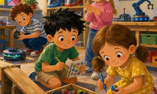 Quatro crianças de 6 anos num pequeno atelier de robótica escolar: Matilde, cabelos castanho-claro em duas marias‑chiquinhas, vestida com vestido amarelo às bolinhas brancas, ajoelhada à frente à direita segurando uma caneta azul levemente empoeirada e uma tampinha azul com estrela ao lado; Tomás, cabelo preto curto, t-shirt verde e calção bege, ajoelhado à esquerda a fazer anotações num caderno de autocolantes e apontando para uma caixa cheia de peças; Inês, cabelo loiro trançado, sweat rosa, em pé atrás de Matilde a aplaudir com alegria; Miguel, cabelo castanho encaracolado, calça azul escura e t-shirt às riscas, agachado ao fundo esquerdo a mostrar uma roda e olhando um robô sobre rodas. Cena: caixas translucidas e ferramentas coloridas em mesas de madeira, rampa grande em madeira e uma caixa baixa de “achados” com rodas, molas e botões junto à rampa, luz suave de uma janela com vitral; atmosfera de equipa feliz, tensão resolvida e cores quentes com texturas visíveis de tinta acrílica.