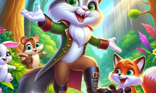 No centro da imagem, o Gato de Botas, um gato elegante com pelagem sedosa e botas de couro brilhantes, exibe um grande sorriso travesso. Seus olhos verdes brilhantes estão cheios de malícia, e ele se mantém em suas patas traseiras, gesticulando alegremente com uma pata levantada, como se estivesse incentivando seus amigos a dançar. À sua direita, um coelhinho travesso de grandes orelhas, com cerca de 5 anos, pelagem branca e manchas marrons, salta de alegria, seus olhos redondos brilhando de excitação. À sua esquerda, uma raposa astuta de cerca de 7 anos, com pelagem ruiva vibrante e uma cauda espessa, aplaude com entusiasmo, seus olhos brilhando de admiração pelo Gato de Botas. A cena acontece em uma floresta encantada, onde as árvores são altas e majestosas, suas folhas de um verde vibrante. Flores coloridas, com pétalas rosas, amarelas e roxas, espalham-se pelo chão, enquanto raios de sol atravessam a folhagem, iluminando a paisagem com uma suave luz dourada. A situação principal mostra o Gato de Botas e seus amigos preparando uma grande festa na floresta, plantando flores e árvores enquanto riem e dançam, criando uma atmosfera de alegria e camaradagem.