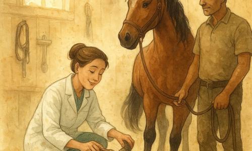 Uma veterinária sorridente e delicada, cabelos castanhos presos em coque, bata branca com bolsos sujos de terra clara, agachada limpando e examinando o casco de uma grande égua. Ao lado, o palefreneiro de cerca de 40 anos, pele bronzeada e boné de tecido, segura a corda da égua, olhar atento. Perto das botas da veterinária, um pequeno cão ansioso chamado Tico, pelagem caramelo, rabo baixo e olhar curioso. A égua Sultana, majestosa, pelagem baia brilhante e crina ondulada, está calma sobre piso de palha, um casco apoiado em um bloco de madeira. Interior de cocheira claro e acolhedor: paredes de madeira clara, raios de sol entrando por janelas empoeiradas, ferramentas de cuidado penduradas (escova, lima, cabresto), cheiro de feno. Cena de cuidado atento e terno, gesto preciso na limpeza do casco, tons suaves de marrom, verde sálvia e ocre, leves respingos aquarelados sugerindo movimento e calor.