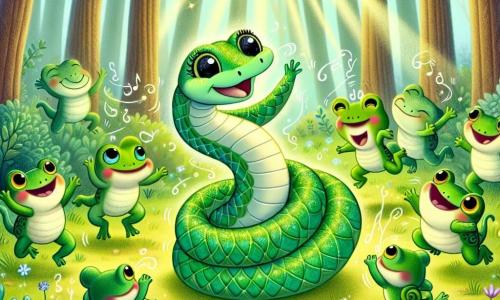 Silvestre, uma pequena cobra verde com escamas brilhantes e olhos curiosos, dança alegremente em uma clareira ensolarada, com um grande sorriso no rosto. Ele se contorce de maneira divertida, atraindo a atenção dos outros animais. Ao seu redor, um grupo de sapos coloridos, com peles verdes e amarelas, pula e aplaude, seus rostos radiantes de felicidade. Um dos sapos, Zé Sapinho, é especialmente grande e animado, pronto para pular com Silvestre. A cena ocorre em uma floresta encantada, com grandes árvores de troncos grossos e folhas formando um teto verde. Flores multicoloridas cobrem o chão e uma luz suave filtra através dos galhos, criando uma atmosfera mágica. Silvestre e os sapos celebram juntos uma festa cheia de risos e música, dançando ao redor de uma panela brilhante, enquanto vaga-lumes iluminam a cena com sua luz suave.