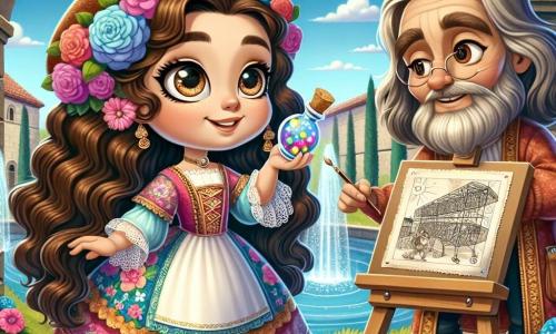 Maria, o tânără vrăjitoare, se află în centrul imaginii, cu părul lung, ondulat și ochi strălucitori de curiozitate. Poartă o rochie colorată, decorată cu motive florale și ține în mână un mic flacon de poțiune sclipitoare, având o expresie de uimire și excitație. Lângă ea se află Leonardo, un bărbat de aproximativ 60 de ani, cu o barbă lungă și argintie și ochi înțelepți. El se apleacă asupra unui suport de pictură, schițând desene de mașini zburătoare, zâmbind călduros către Maria. Decorul este o curte magnifică a unui castel din Renaisanță, cu pereți de piatră acoperiți de iederă, fântâni care țâșnesc și flori strălucitoare. Cerul este de un albastru profund, presărat cu nori albi pufoși. Situația principală o arată pe Maria descoperind magia noului său univers, pregătită să experimenteze cu poțiunea ei, inspirată de ingeniozitatea lui Leonardo, într-o atmosferă de creativitate și aventură.