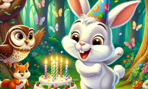 In the center of the image, Benny, an adorable little rabbit with big ears and fluffy white fur, jumps for joy with a big smile on his face, his eyes sparkling with happiness. He wears a colorful party hat and holds a birthday cake decorated with sparkling candles. To his right, Lola, a wise owl with brown feathers and large round eyes, perches on a branch, observing with a kind smile, her wings slightly spread as if ready to fly. On the left, Tilly, a mischievous squirrel with red fur and a bushy tail, dances enthusiastically, her little paws raised in the air, full of energy and joy. The setting is an enchanted glade surrounded by majestic trees with bright green leaves, where colorful flowers and butterflies flutter around, creating a festive and magical atmosphere. The scene depicts Benny celebrating his birthday with his friends, enjoying cake, laughter, and dancing, while shimmering lights float in the air, adding a touch of magic to this special moment.