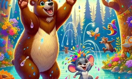 Bruno, ein großer brauner Bär mit funkelnden Augen und einem fröhlichen Lächeln, steht am Ufer eines wunderschönen glitzernden Sees, mit erhobenen Pfoten, bereit ins Wasser zu springen. Er sieht sowohl aufgeregt als auch ein wenig nervös aus, mit Wassertropfen, die auf seinem Fell glänzen. Neben ihm springt Maja, eine kleine Maus mit großen Ohren und grauem Fell, vor Freude in die Luft, die Arme erhoben und mit einem breiten Lächeln im Gesicht. Sie trägt einen kleinen bunten Hut, der im Wind weht. Im Hintergrund wird der See von bunten Blumen und großen Bäumen mit schimmernden Blättern umgeben, während fantastische Kreaturen wie fliegende Fische und tanzende Bäume der Szene einen Hauch von Magie verleihen. Die Hauptsituation zeigt Bruno und Maja, die sich auf ein Wettschwimmen mit schelmischen Wassergeistern vorbereiten, die im See lachen und spielen und funkelnde Wasserspritzer um sie herum erzeugen.