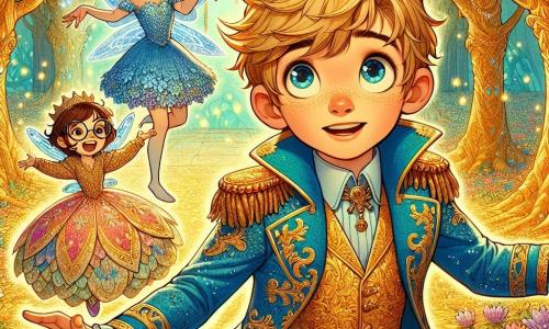 Im Zentrum des Bildes steht Prinz Felix, ein etwa 10-jähriger Junge mit zerzausten blonden Haaren und funkelnden Augen. Er trägt einen leuchtend blauen Prinzenanzug mit goldenen Mustern und einen langen Umhang, der hinter ihm herzieht. Felix hat einen überraschten und amüsierten Gesichtsausdruck, die Arme ausgebreitet, bereit zu fallen, nachdem er über seinen eigenen Schuh gestolpert ist. Zu seiner Rechten schwebt eine kleine Fee mit glitzernden Flügeln, etwa 8 Jahre alt, mit rosa Haaren und einem Kleid aus Blütenblättern. Sie lacht laut, die Hände in die Hüften gestützt, und schwebt leicht über dem Boden. Links beobachtet eine andere Fee mit runden Brillen und einem blütenförmigen Hut die Szene mit einem schelmischen Lächeln und ist bereit, einen Zauber zu wirken, um dem Prinzen zu helfen. Der Hintergrund spielt im wunderschönen Garten des Schlosses Glitzertopia, wo majestätische Bäume mit goldenen Stämmen stehen, umgeben von bunten Blumen, die im Wind zu tanzen scheinen. Glitzernde Kristalle liegen auf dem Boden und reflektieren das Sonnenlicht. Die Hauptsituation zeigt Prinz Felix, der über seinen eigenen Fuß stolpert, genau in dem Moment, in dem er zu fallen droht, während die Feen lachen und sich amüsieren und dieser komischen Szene einen Hauch von Magie und Freude verleihen.