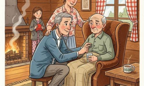 Un médico de unos cincuenta años, rostro amable, pelo corto entrecano, sonrisa suave y mirada atenta, con chaqueta azul y estetoscopio plateado, agachado junto a un sillón de madera escuchando el pecho del paciente. Un anciano de 78 años, piel arrugada y mejillas sonrosadas, pelo blanco fino, semblante cansado pero sereno, sentado en un gran sillón de terciopelo marrón con una manta beige hasta el pecho, sosteniendo un vaso pequeño de agua en la mano derecha. Una mujer adulta (Clara), unos 40 años, pelo castaño recogido, blusa de flores, detrás del sillón a la izquierda del médico con las manos en el respaldo, expresión aliviada y preocupada. Una niña (Alba) de 8 años, junto a la ventana en pijama y abrigo, con un gorro rojo en las manos, observando con curiosidad. Interior de cabaña de madera, chimenea con humo tenue, mesa con taza de sopa, luces doradas y cortinas a cuadros rojos y blancos; ambiente tranquilo y reconfortante, composición centrada en el médico, el paciente y la mujer para transmitir cuidado y cercanía.