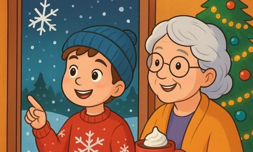 Un niño de 8 años, Lucas, con cabello castaño y mejillas sonrosadas, mira por la ventana con ojos llenos de asombro. Lleva un suéter rojo con motivos de copos de nieve y un gorro de lana azul que parece un poco grande para él. A su lado, su abuela, una mujer mayor con cabello plateado y gafas redondas, sonríe tiernamente sosteniendo una taza de chocolate caliente, con ojos brillantes de calidez y dulzura. La escena tiene lugar en una sala acogedora, decorada con guirnaldas luminosas y un gran árbol de Navidad adornado con bolas coloridas y guirnaldas doradas. La nieve cae suavemente afuera, cubriendo el jardín con un manto blanco brillante. Lucas, maravillado, señala un copo de nieve que se ha posado en el cristal, mientras su abuela le cuenta una historia mágica de Navidad, llena de risas y recuerdos cálidos.