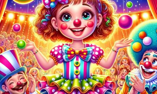 Een 10-jarig meisje met grote glanzende ogen en krullend haar draagt een kleurrijk clownkostuum met stippen en strepen. Ze glimlacht enthousiast terwijl ze met drie gekleurde ballen jongleert, met rode geschminkte wangen en een grote plastic neus. Naast haar moedigt een jongleur van ongeveer dertig jaar met een grote snor en een felrode outfit haar aan met een warme glimlach, terwijl hij een bal in de lucht houdt. Op de achtergrond lacht een vrolijke clown van ongeveer 25 jaar met een krullend pruik en een wit geschminkt gezicht, terwijl hij een enorme slagroomtaart vasthoudt. De scène speelt zich af onder een kleurrijke circustent met fonkelende lichten en een verwonderd publiek dat applaudisseert. De hoofdactie toont het meisje dat met de ballen jongleert, omringd door gelach en applaus, en vangt de vrolijke en magische geest van het circus.