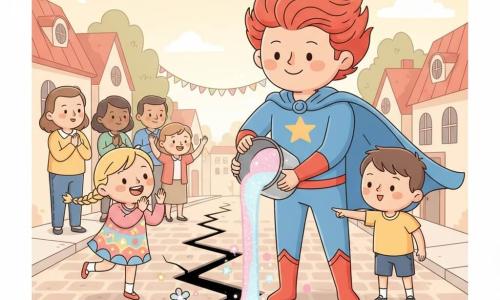Un supererou înalt și zâmbitor, cu păr roșu aprins și pelerină albastră, toarnă dintr-un găleată o pastă magică strălucitoare într-o fisură lungă și neagră care începe să se închidă, cu scântei blânde și mici flori luminoase; un băiat de ~7 ani, cu păr castaniu scurt, stă la dreapta lui și arată spre fisură uimit, o fetiță de ~6 ani, cu codiță blondă, aplaudă vesel la stânga, iar câțiva adulți în fundal privesc ușurați dintr-o stradă pietruită a unui sat luminos cu case joase cu acoperișuri roșii și ghirlande colorate, lumină caldă de sfârșit de după-amiază.