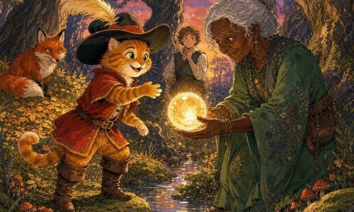 Il Gatto con gli stivali, viso birichino e occhi brillanti, è in piedi sulle zampe posteriori con alti stivali di pelle marrone, un mantello corto rosso e un ampio cappello piumato, teso a ricevere una piccola sfera luminosa; la vecchia strega (circa 60 anni), capelli grigi raccolti in uno chignon, rughe dolci e vestito verde macchiato d'erbe, sorride benevola e tiene la sfera sopra un ruscello a pochi passi; la volpe astuta è seduta sullo sfondo su un tappeto di foglie dorate con sguardo malizioso; il luogo è un boschetto incantato al crepuscolo con tronchi contorti, foglie oliva e oro, muschio, piccoli funghi rossi e un ruscello scintillante che riflette la luce della sfera; situazione: momento magico in cui la strega trasmette un desiderio al Gatto tramite la sfera, atmosfera calda e luce dorata, composizione intima e centrata.