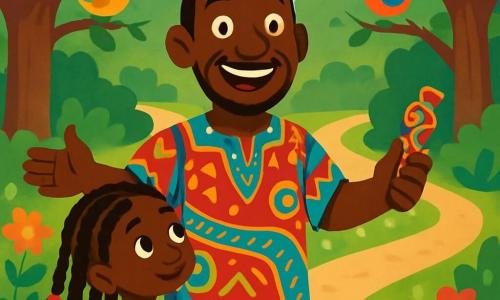 Kofi è un uomo di circa quarant'anni, con un grande sorriso caloroso e occhi scintillanti di curiosità. Indossa una tunica colorata decorata con motivi africani e tiene in mano un fischietto magico. Si trova in mezzo a un sentiero di terra battuta, con le braccia aperte, come se stesse accogliendo il mondo con gioia. Accanto a lui, una bambina di sei anni, con trecce decorate con perline colorate, osserva con meraviglia. Indossa un vestito di tessuto leggero con motivi floreali e tiene una piccola bambola di stoffa. Il paesaggio è una foresta lussureggiante, con grandi alberi dai tronchi spessi e foglie verdi brillanti. Fiori colorati punteggiano il terreno e uccelli dai piumaggi vivaci cantano tra i rami. Kofi si trova a un incrocio, guardando i tre sentieri che si estendono davanti a lui, ognuno circondato da misteri e colori vivaci, pronto a scegliere la sua prossima avventura.